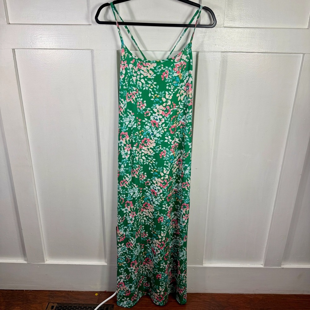 ANGASHION Green Floral Print Maxi Dress Spaghetti Strap‎ Tie Back